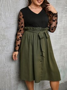 SHEIN Clasi Plus Floral Print Contrast Mesh Belted Dress - Multicolor - View 4