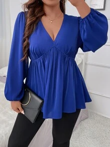 Celure Plus Lantern Sleeve Peplum Blouse Peplum Top - Royal Blue - View 1