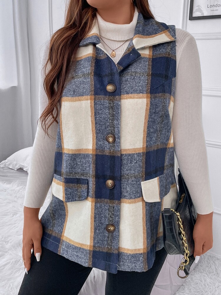 SHEIN LUNE Abrigo de chaleco con estampado de cuadros con diseño de solapa - Multicolor - Añade 4