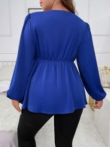 Celure Plus Lantern Sleeve Peplum Blouse Peplum Top - Royal Blue - View 2