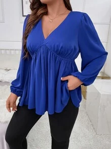 Celure Plus Lantern Sleeve Peplum Blouse Peplum Top - Royal Blue - View 4