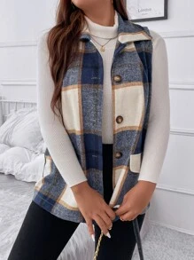 SHEIN LUNE Plus Plaid Print Flap Detail Vest Overcoat - Multicolor - View 6