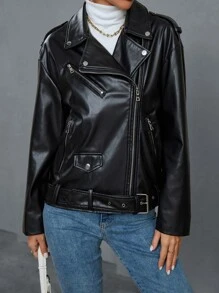 Zip Up Belted Biker Jacket - Black - View 4