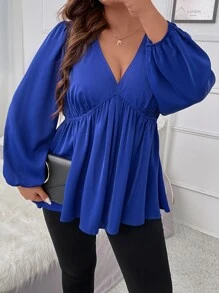 Celure Plus Lantern Sleeve Peplum Blouse Peplum Top - Royal Blue - View 5