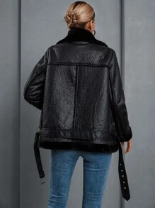 Aveloria Teddy Panel Zip Up Biker Jacket - Black - View 2