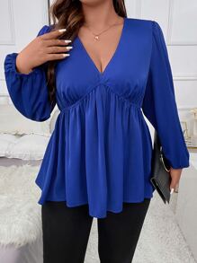 Celure Plus Lantern Sleeve Peplum Blouse Peplum Top - Royal Blue - View 6