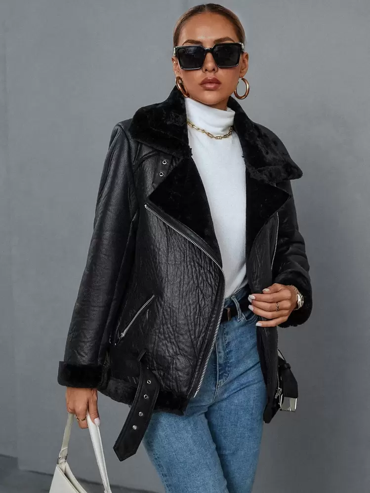 GENKIRA Teddy Panel Zip Up Moto Jacket Faux Leather Aviator Jacket