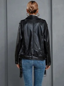 Zip Up Belted Biker Jacket - Black - View 2