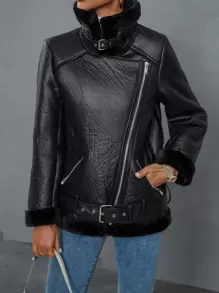 Aveloria Teddy Panel Zip Up Biker Jacket - Black - View 5