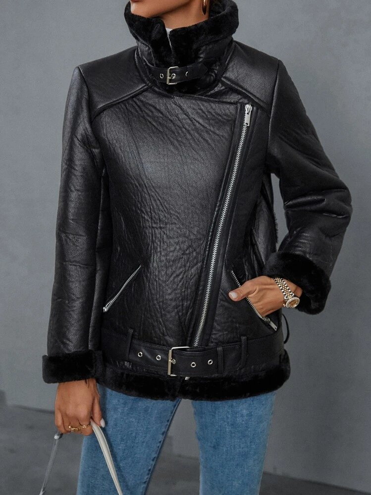 GENKIRA Teddy Panel Zip Up Moto Jacket Faux Leather Aviator Jacket