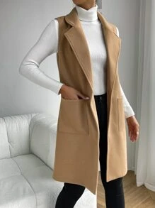 SHEIN Privé 雙口袋西裝領背心大衣 - 駝色 - 查看 3