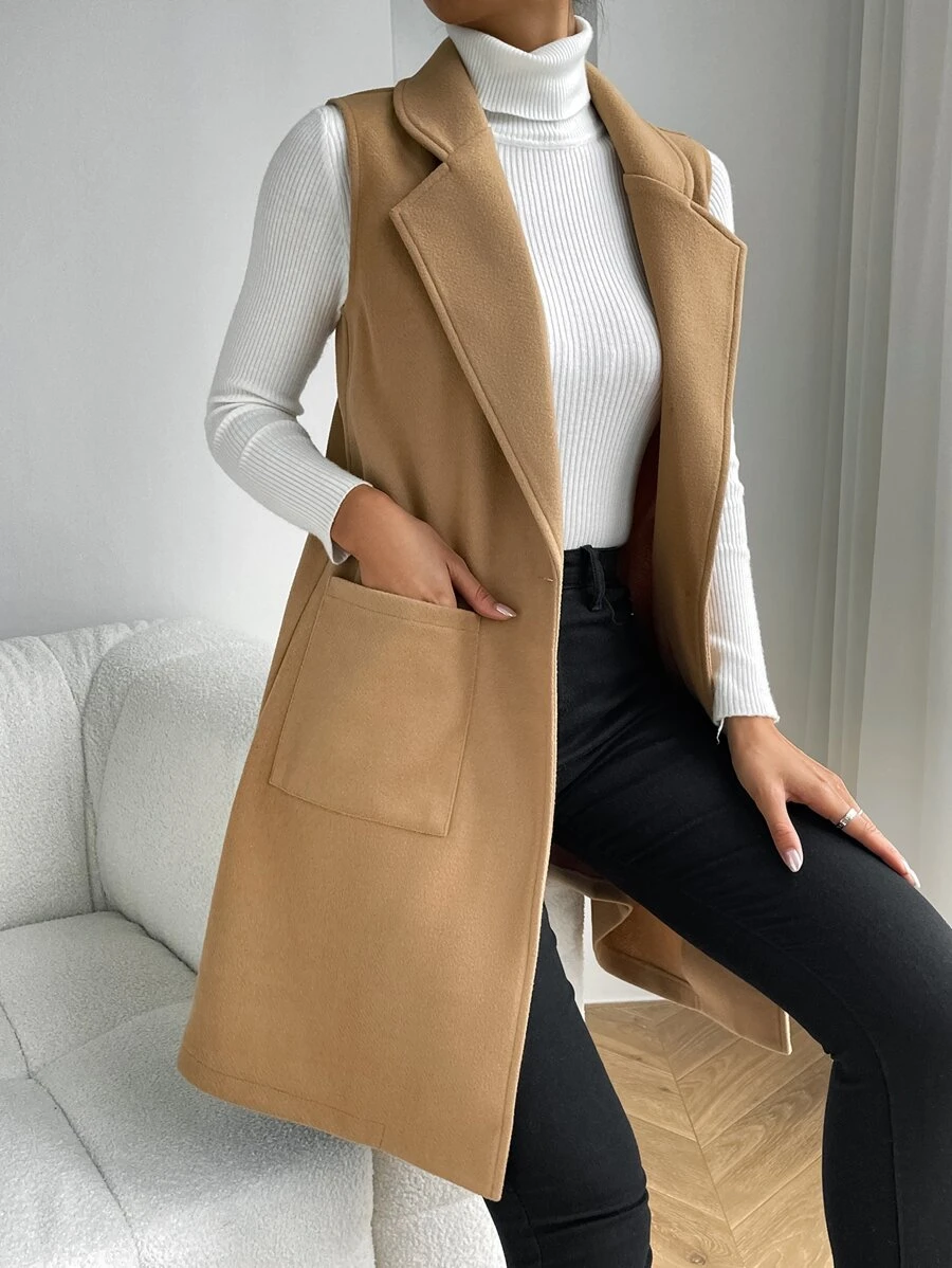 SHEIN Privé 雙口袋西裝領背心大衣 - 駝色 - 查看 1
