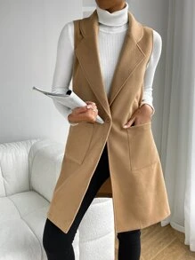 SHEIN Privé 雙口袋西裝領背心大衣 - 駝色 - 查看 4