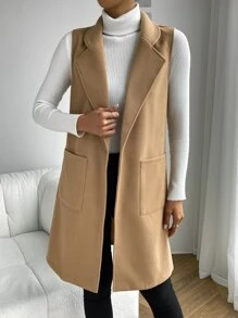 SHEIN Privé 雙口袋西裝領背心大衣 - 駝色 - 查看 5