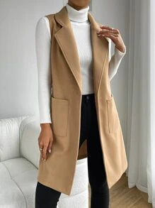 SHEIN Privé 雙口袋西裝領背心大衣 - 駝色 - 查看 6