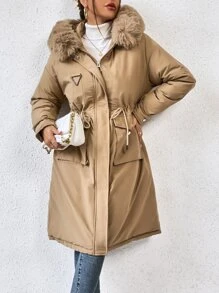 SHEIN EZwear Women Drawstring Waist Faux Fur Hooded Long Casual Padded Coat, Winter - Khaki - View 1