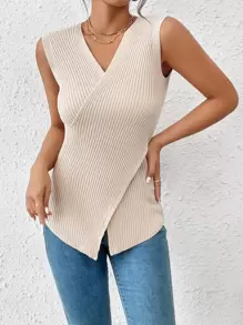 SHEIN Privé Wrap Cross Ribbed Knit Top - Beige - View 1