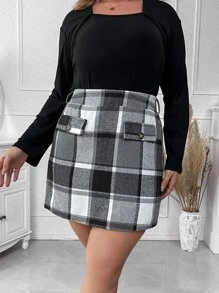 SHEIN Unity 大碼格紋印花高腰半身裙 - 黑與白 - 查看 1