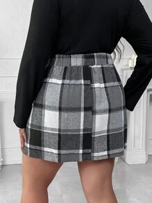 SHEIN Unity 大碼格紋印花高腰半身裙 - 黑與白 - 查看 2