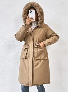 SHEIN EZwear Women Drawstring Waist Faux Fur Hooded Long Casual Padded Coat, Winter - Khaki - View 5