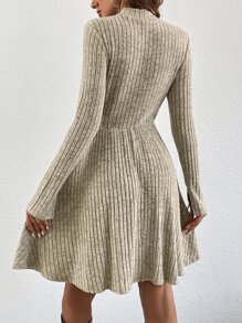 SHEIN Frenchy Mock Neck Ribbed Knit Split Cuff Dress - Khaki - View 2