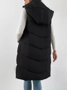 SHEIN EZwear 秋冬款拉链斜口袋无袖连帽棉服大衣