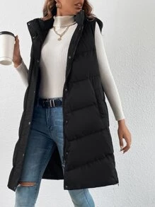 SHEIN EZwear 秋冬款拉链斜口袋无袖连帽棉服大衣