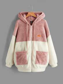 SHEIN EZwear 撞色字母補丁細節落肩袖抽繩連帽搖粒絨外套 - 藕粉色 - 查看 1