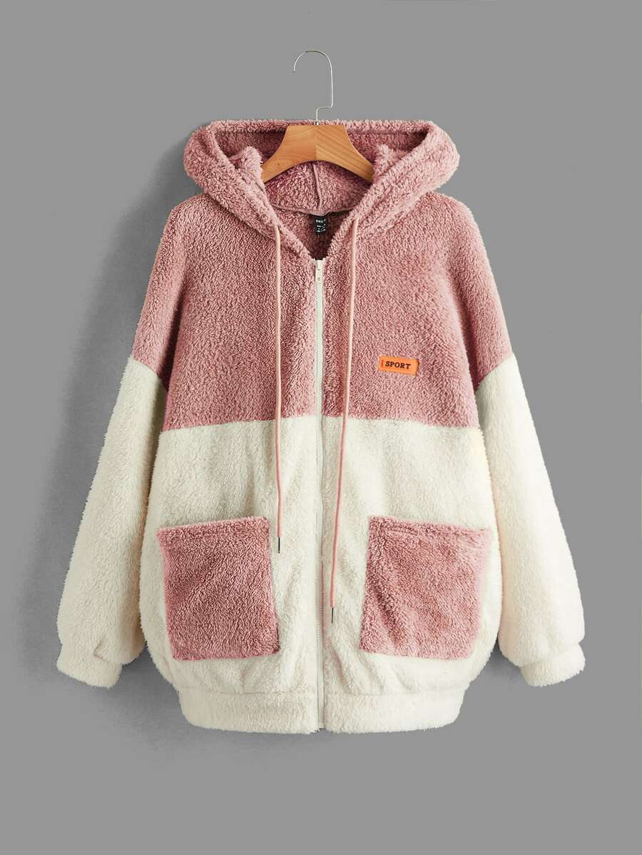 SHEIN EZwear 撞色字母補丁細節落肩袖抽繩連帽搖粒絨外套 - 藕粉色 - 查看 1