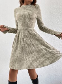 SHEIN Frenchy Mock Neck Ribbed Knit Split Cuff Dress - Khaki - View 3