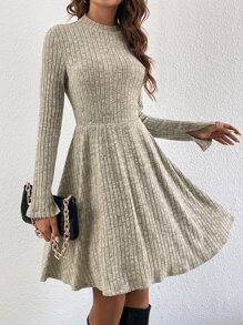 SHEIN Frenchy Mock Neck Ribbed Knit Split Cuff Dress - Khaki - View 4