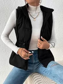 SHEIN Frenchy 抽绳腰拉链连帽背心秋冬黑色休闲外套 - 黑色 - 查看 3