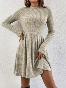 SHEIN Frenchy Mock Neck Ribbed Knit Split Cuff Dress - Khaki - View 5