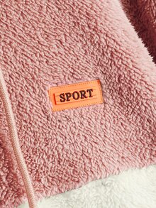 SHEIN EZwear 撞色字母補丁細節落肩袖抽繩連帽搖粒絨外套 - 藕粉色 - 查看 3