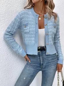 Calvaya Pocket Patched Button Front Cardigan Fall Winter Cloth For Women - Baby Blue - View 3