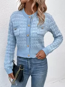 Calvaya Pocket Patched Button Front Cardigan Fall Winter Cloth For Women - Baby Blue - View 4