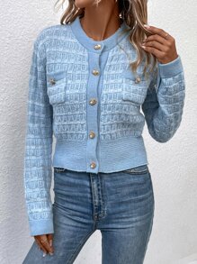Calvaya Pocket Patched Button Front Cardigan Fall Winter Cloth For Women - Baby Blue - View 5