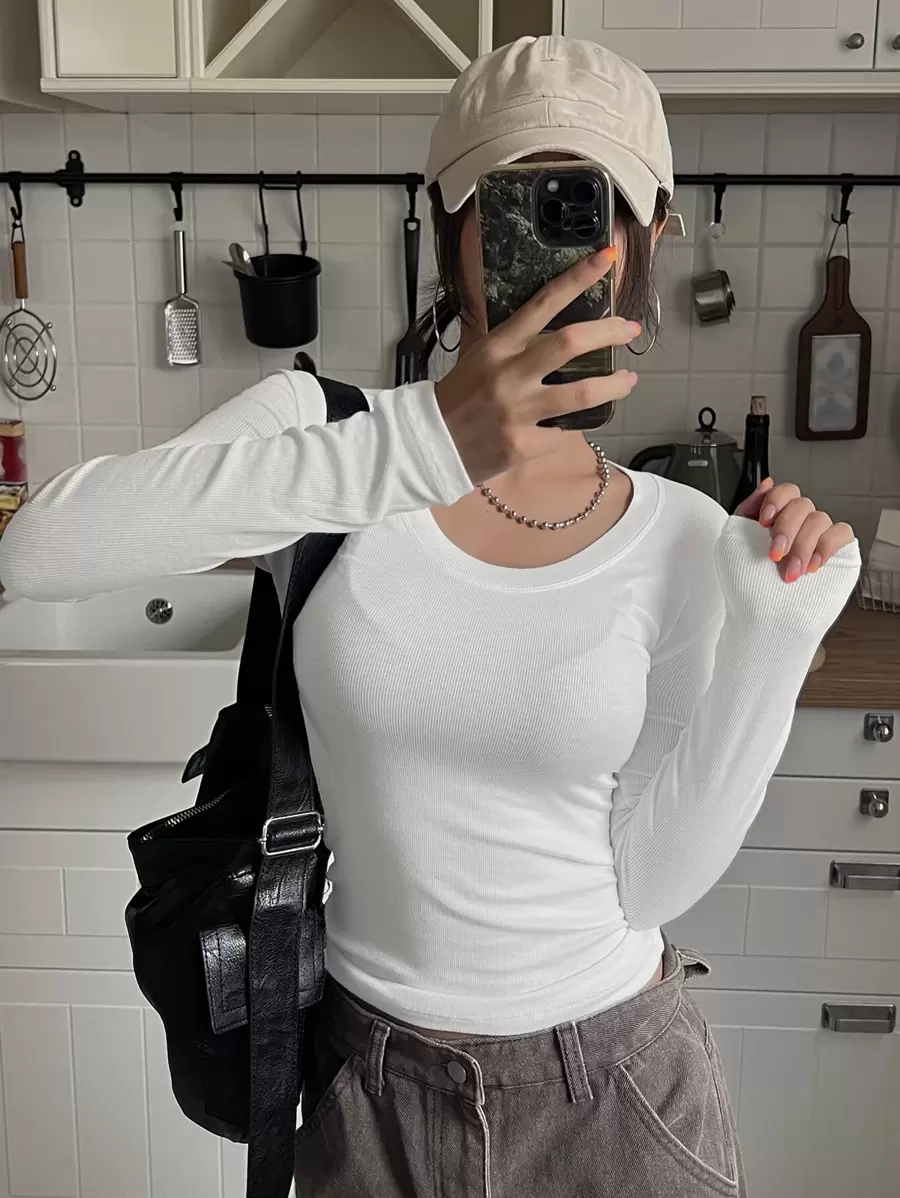 DAZY Solid Scoop Neck Slim Tee,Fall Clothes Long Sleeve Women Tops - White - View 1