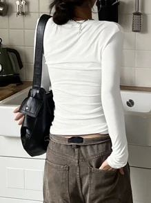 DAZY Solid Scoop Neck Slim Tee,Fall Clothes Long Sleeve Women Tops - White - View 2