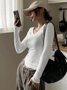 DAZY Solid Scoop Neck Slim Tee,Fall Clothes Long Sleeve Women Tops - White - View 8