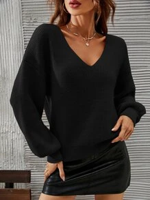 SHEIN Frenchy V-Neck Drop Shoulder Lantern Sleeve Sweater,Long Sleeve Tops In Fall/Winter Black Black Casual - Black - View 5
