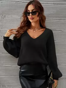 SHEIN Frenchy V-Neck Drop Shoulder Lantern Sleeve Sweater,Long Sleeve Tops In Fall/Winter Black Black Casual - Black - View 6