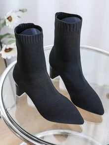 Point Toe Chunky Heeled Sock Boots - Black - View 8