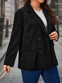 SHEIN LUNE Plus Double Breasted Corduroy Blazer - Black - View 3