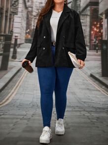 SHEIN LUNE Plus Double Breasted Corduroy Blazer - Black - View 4