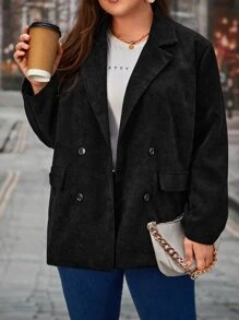 SHEIN LUNE Plus Double Breasted Corduroy Blazer - Black - View 5