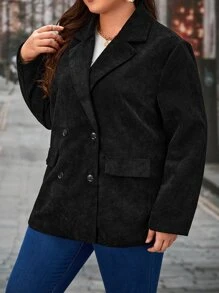 SHEIN LUNE Plus Double Breasted Corduroy Blazer - Black - View 6
