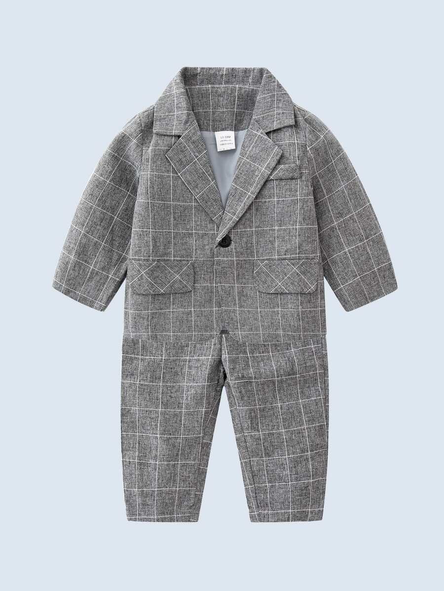 小男童格紋印花西裝外套和褲子