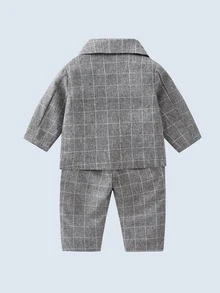 小男童格紋印花西裝外套和褲子