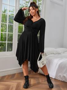 SHEIN Essnce Đầm Plus Size Bất đối xứng Xù nhỏ Xù màu trơn Giải trí - màu đen - Xem 5